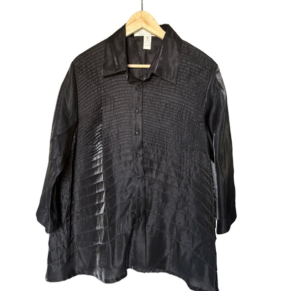 Glamour Badgley Mischka Blouse Size L Black Textured Sheer 3/4 Sleeve Elegant - Picture 1 of 4